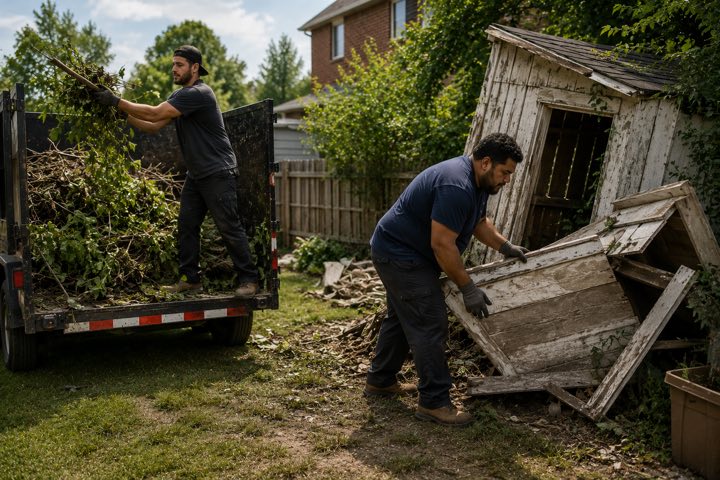 Crew loading yard waste into a trailer while dismantling an old backyard shed