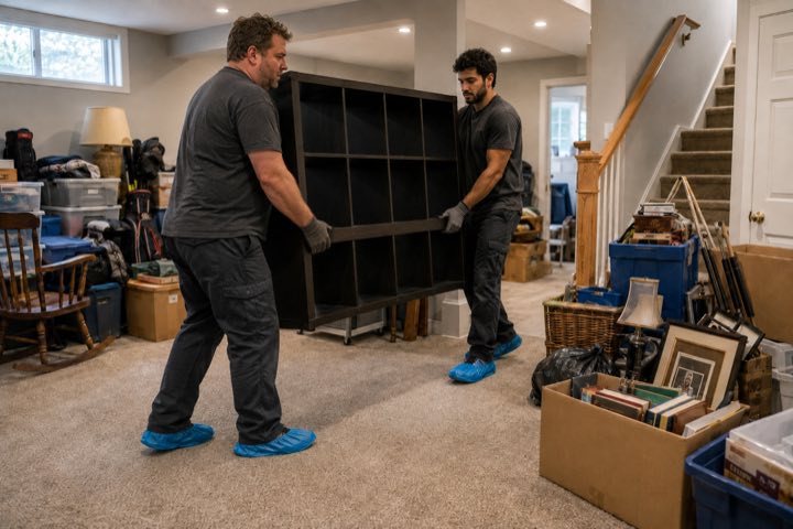 Two crew members in shoe covers carrying a shelving unit through a finished basement