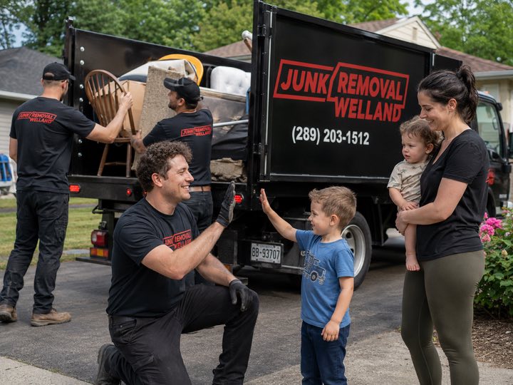 Junk Removal Welland crew member high-fiving a young boy while the family watches the truck being loaded