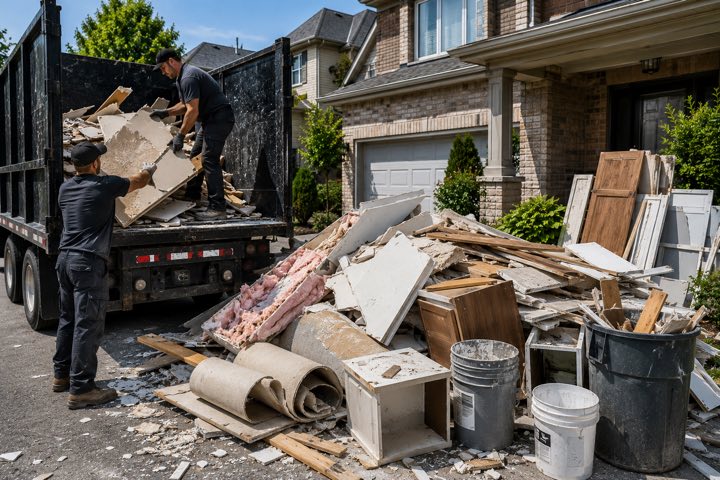 Crew loading drywall and renovation debris into a dump truck outside a brick house