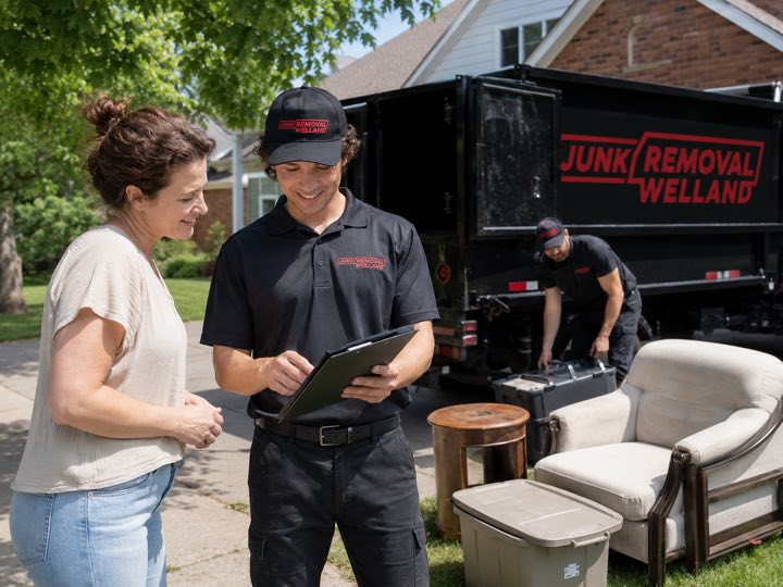 Junk Removal Welland crew member going over the pickup list with a customer while the truck is loaded