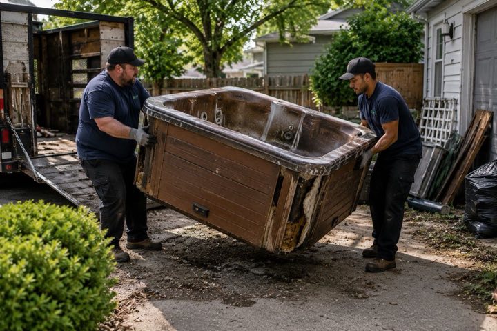 Two crew members carrying an old hot tub out of a backyard