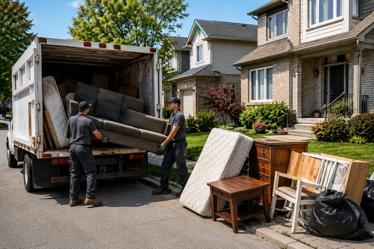 Crew loading a couch and mattress into a junk removal truck